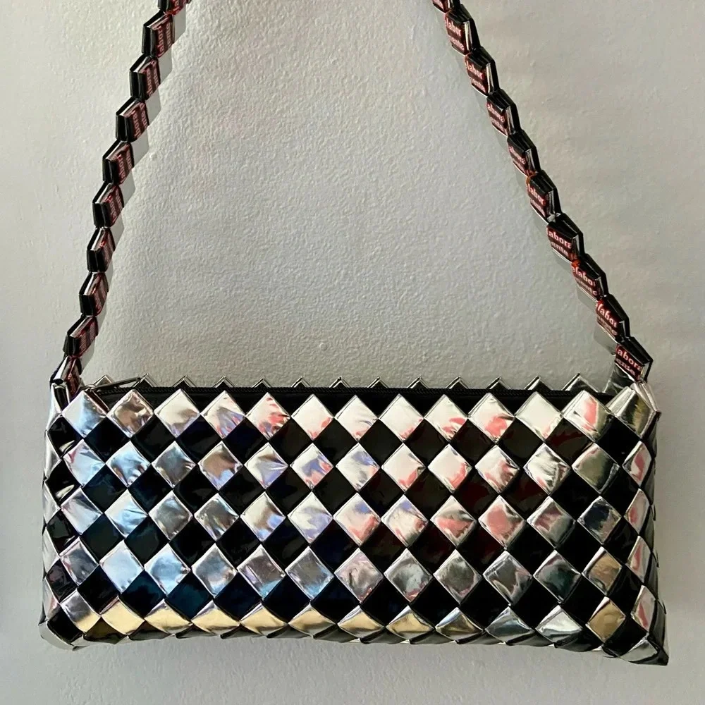 Mexican Candy Wrapper Handmade Zip top Shoulder Bag Purse Black and Silver